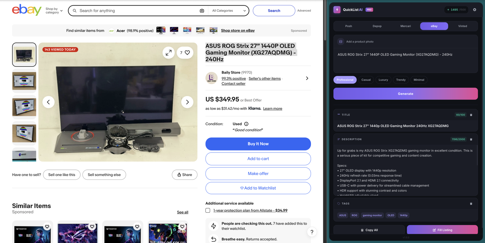 QuickListAI AI listing tool generating an optimized eBay listing for an ASUS ROG gaming monitor