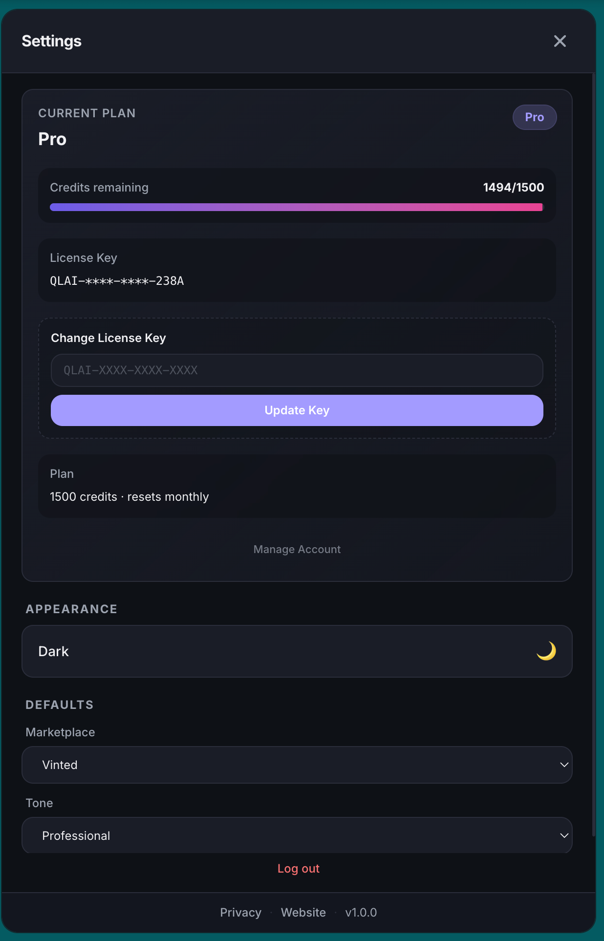 QuickListAI Chrome extension settings showing Pro plan with five writing tone options for marketplace listings