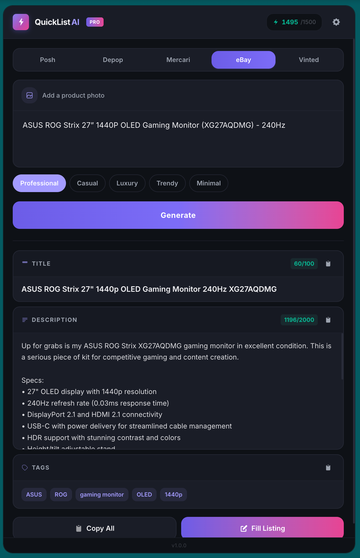 QuickListAI AI description generator producing a detailed eBay listing with title, description, specs, and tags