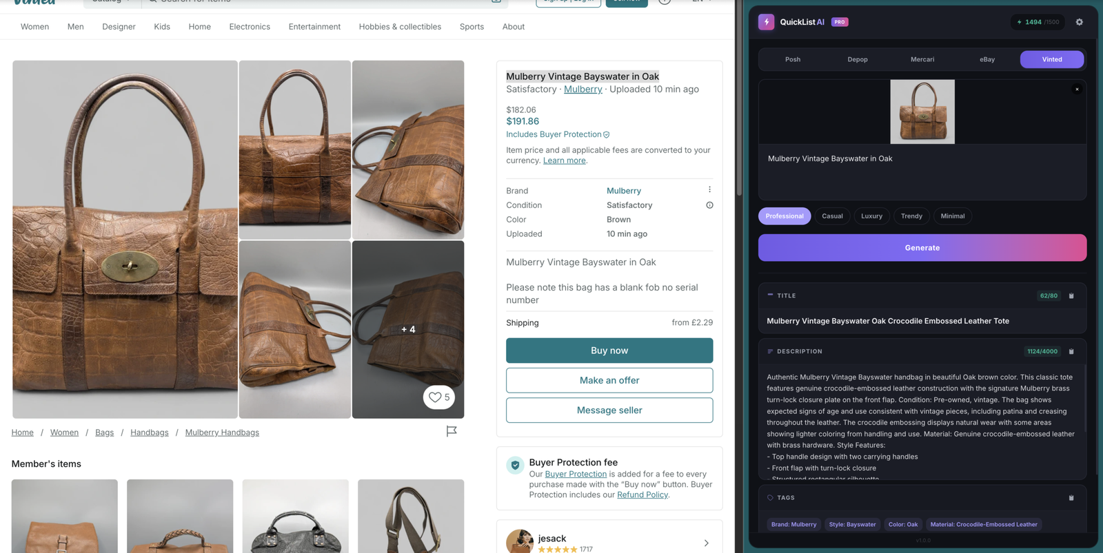 QuickListAI AI listing generator Chrome extension generating an optimized Vinted listing description in the side panel