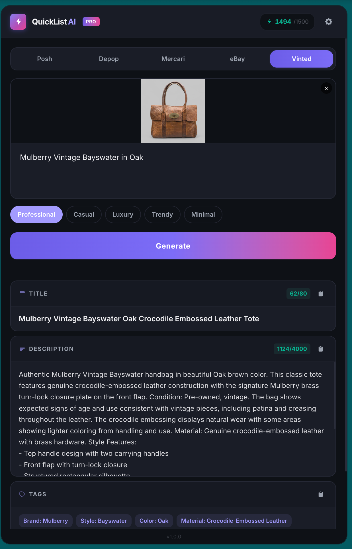 QuickListAI AI listing generator creating a Vinted product listing from a photo of a Mulberry vintage handbag