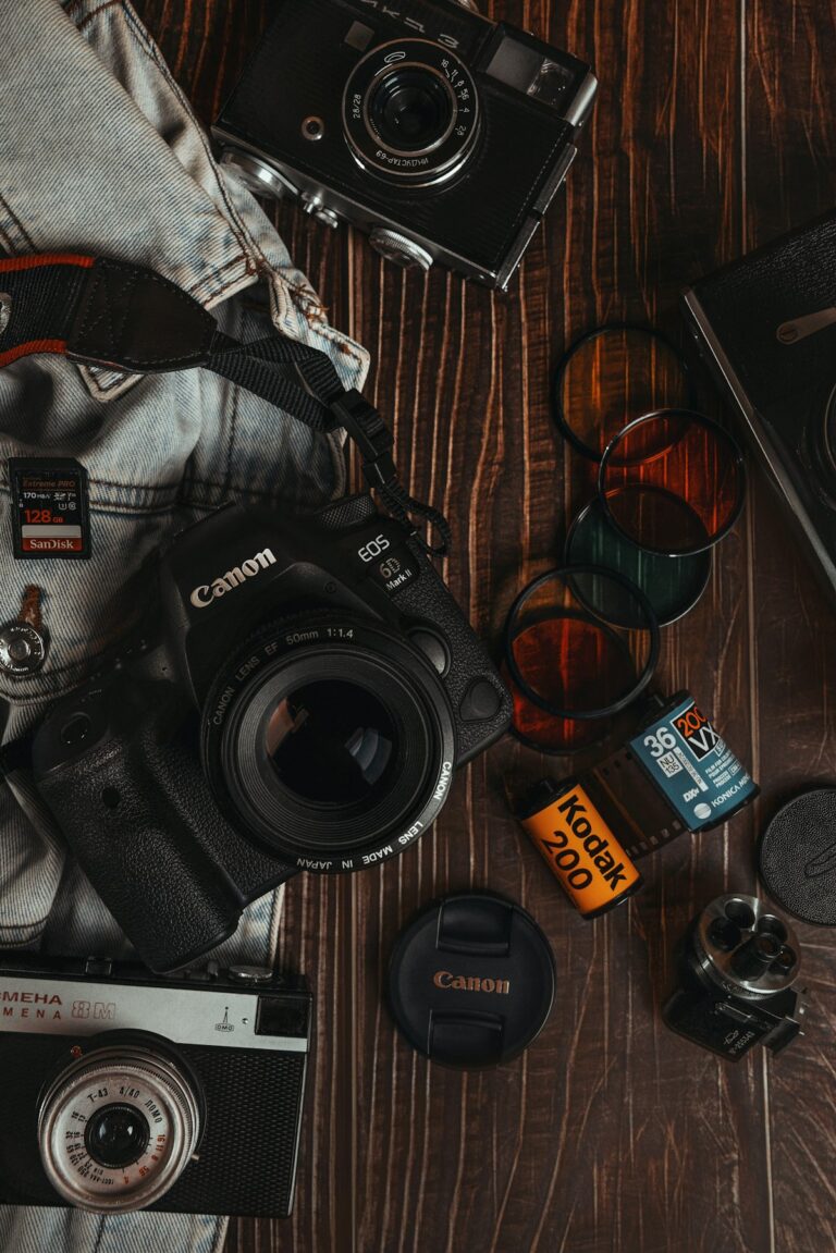Camera and lenses laid out for product photography